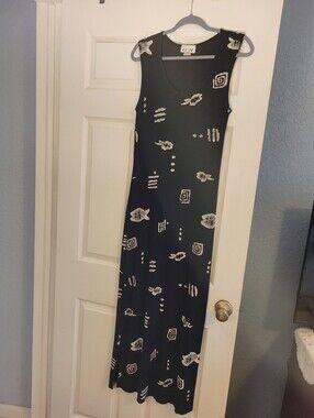 Esse Black & White Maxi Length Knit T-shirt Dress Size Medium Funky Print Dress